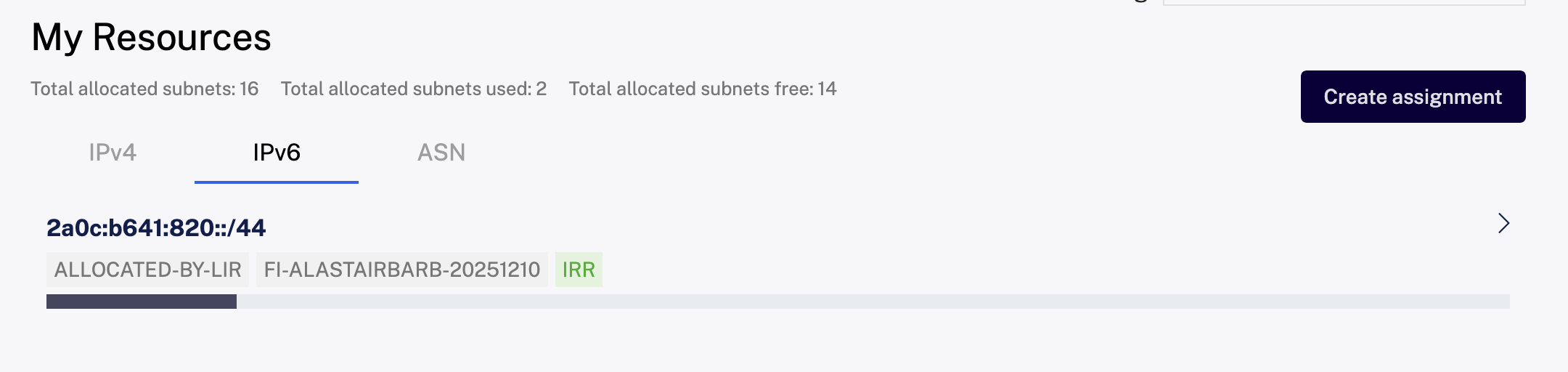 Screen shot of RIPE IP assignment